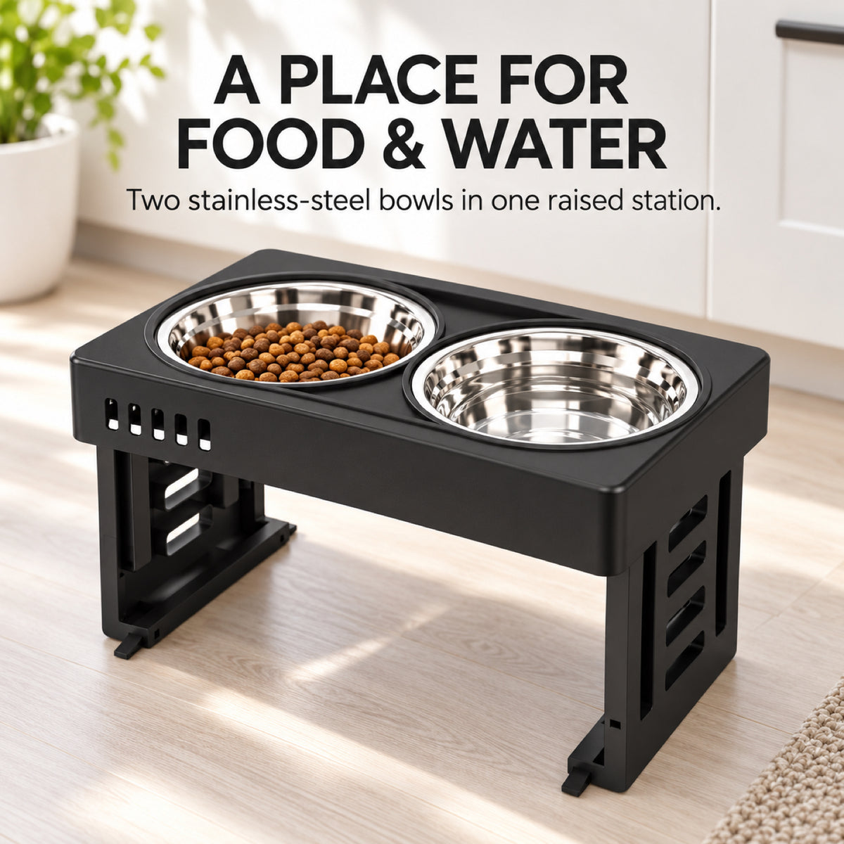 GAVPEPY Adjustable Double Pet Bowl Stand, 44 x 27.5 x 7.3 cm, Black or Gray, for Everyday Dog and Cat Meals or Water at Home, two raised feeding positions; a practical feeding setup for daily pet-care routines image 2 - 1.jpg