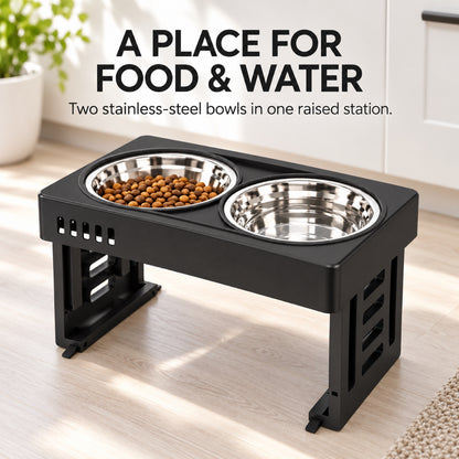 GAVPEPY Adjustable Double Pet Bowl Stand, 44 x 27.5 x 7.3 cm, Black or Gray, for Everyday Dog and Cat Meals or Water at Home, two raised feeding positions; a practical feeding setup for daily pet-care routines image 2 - 1.jpg