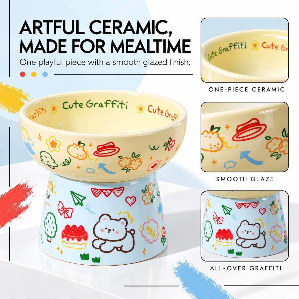 Graffiti Ceramic Pet Bowl, 6 Color Options, By GAVPEPY image 2 - 1.jpg