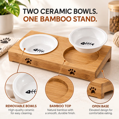 GAVPEPY Bamboo Stand with Two Ceramic Pet Bowls, stand 29.5 x 14.1 x 5.3 cm, natural bamboo and white bowls, for Everyday Dog and Cat Meals or Water at Home, two ceramic bowls seated in a low bamboo frame; a practical feeding setup for daily image 2 - 1.jpg