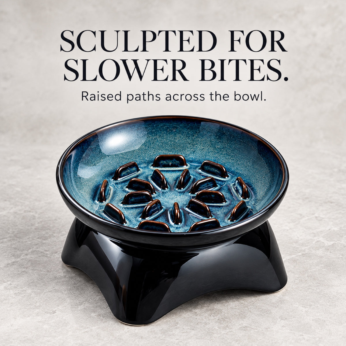 GAVPEPY Blue Glazed Ceramic Raised Slow Feeder Bowl, 20.2 x 11.9 x 10.4 cm, Blue, for Everyday Dog and Cat Meals or Water at Home, angled raised bowl with molded internal ridges; a patterned surface separates portions across the bowl image 2 - 1.jpg