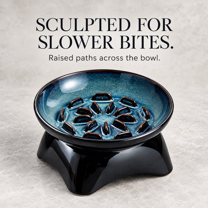 GAVPEPY Blue Glazed Ceramic Raised Slow Feeder Bowl, 20.2 x 11.9 x 10.4 cm, Blue, for Everyday Dog and Cat Meals or Water at Home, angled raised bowl with molded internal ridges; a patterned surface separates portions across the bowl image 2 - 1.jpg