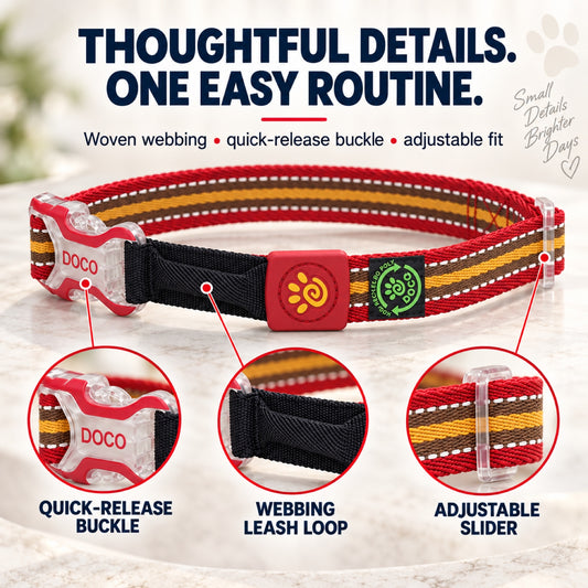 GAVPEPY Recycled webbing and braided nylon Reflective Woven Dog Collar, Sizes S, M, L, 5 color or pattern options, for neighborhood walks, park visits and daily dog wear; an adjustable neckwear option for supervised walks and everyday outings image 1 - 1.jpg