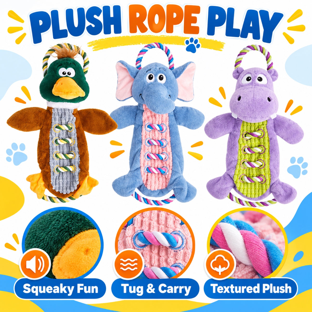 Plush Rope Squeaky Tug Dog Toy, 9 Styles, By GAVPEPY image 2 - 1.jpg
