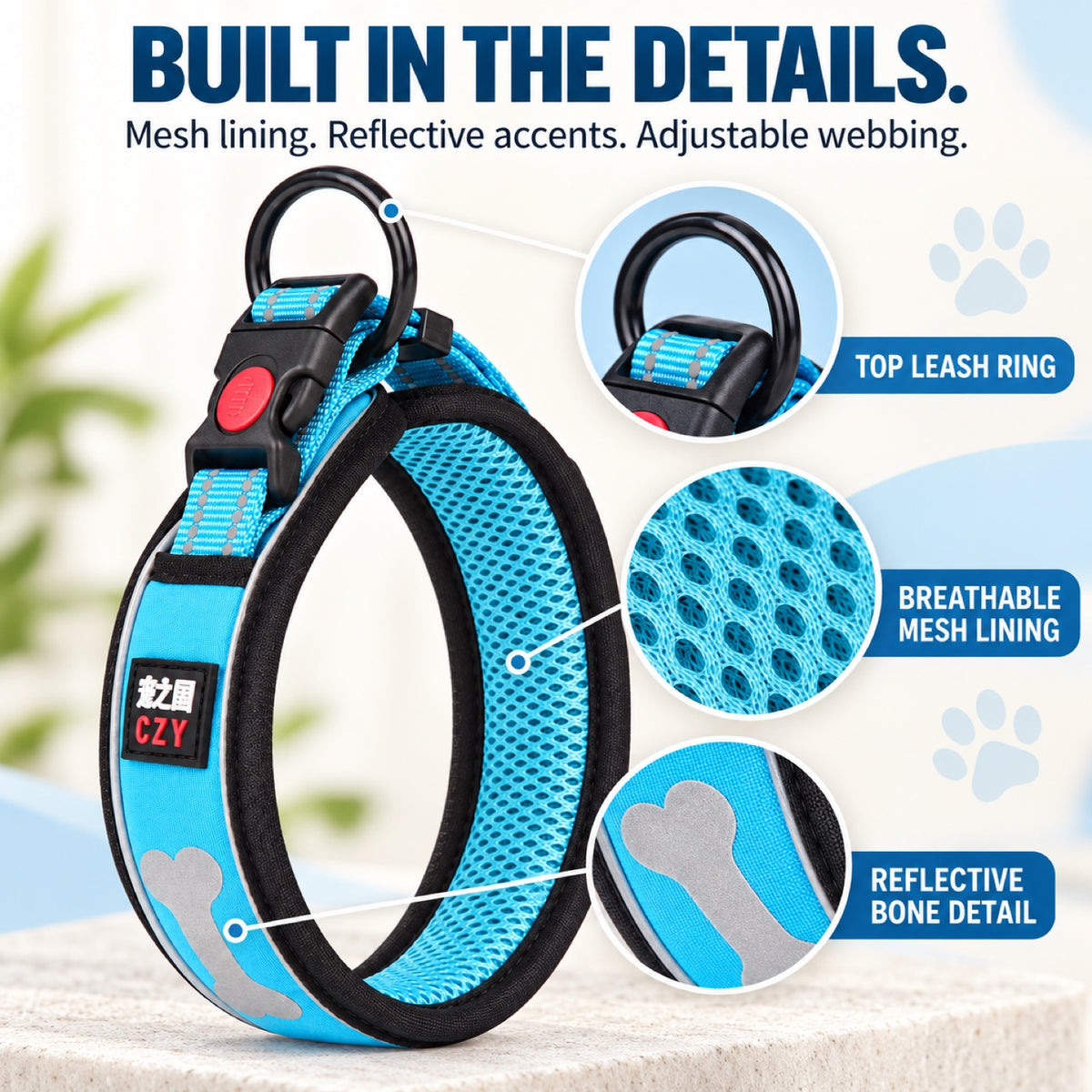 GAVPEPY Padded Mesh Dog Collar, Sizes XS, S, M, L, 5 color or pattern options, for neighborhood walks, park visits and daily dog wear; an adjustable neckwear option for supervised walks and everyday outings image 1 - 1.jpg