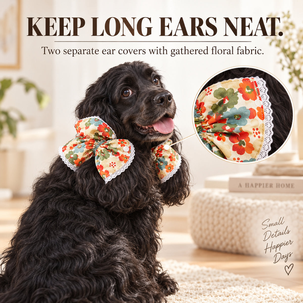 GAVPEPY Cotton Floral Long-Ear Dog Cover, Begonia, Apricot, Lake Blue or Blue patterns in Ear Cover Only or Ear Cover with Neck Cover packages, for keeping long ear hair tidier during meals and supervised daily routines, meals, grooming and daily use image 2 - 1.jpg