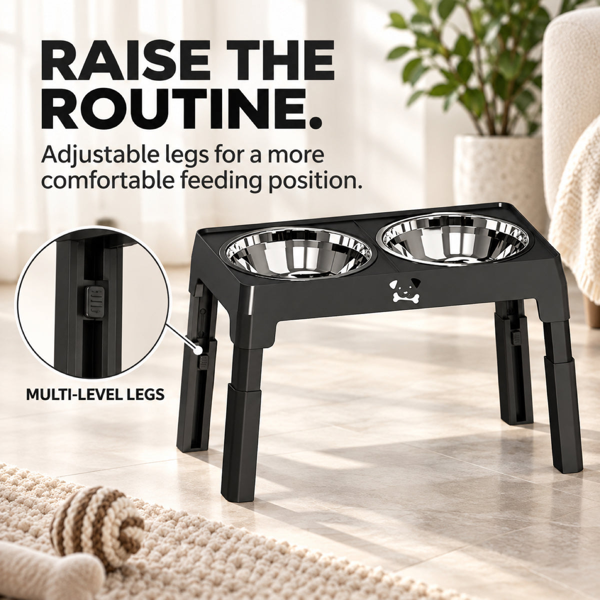 GAVPEPY Adjustable Raised Double Dog Bowl Stand, 44 x 23 x 31 cm, Black only, for Everyday Dog and Cat Meals or Water at Home, two stainless steel bowls in a height-adjustable frame; a practical feeding setup for daily pet-care routines image 2 - 1.jpg