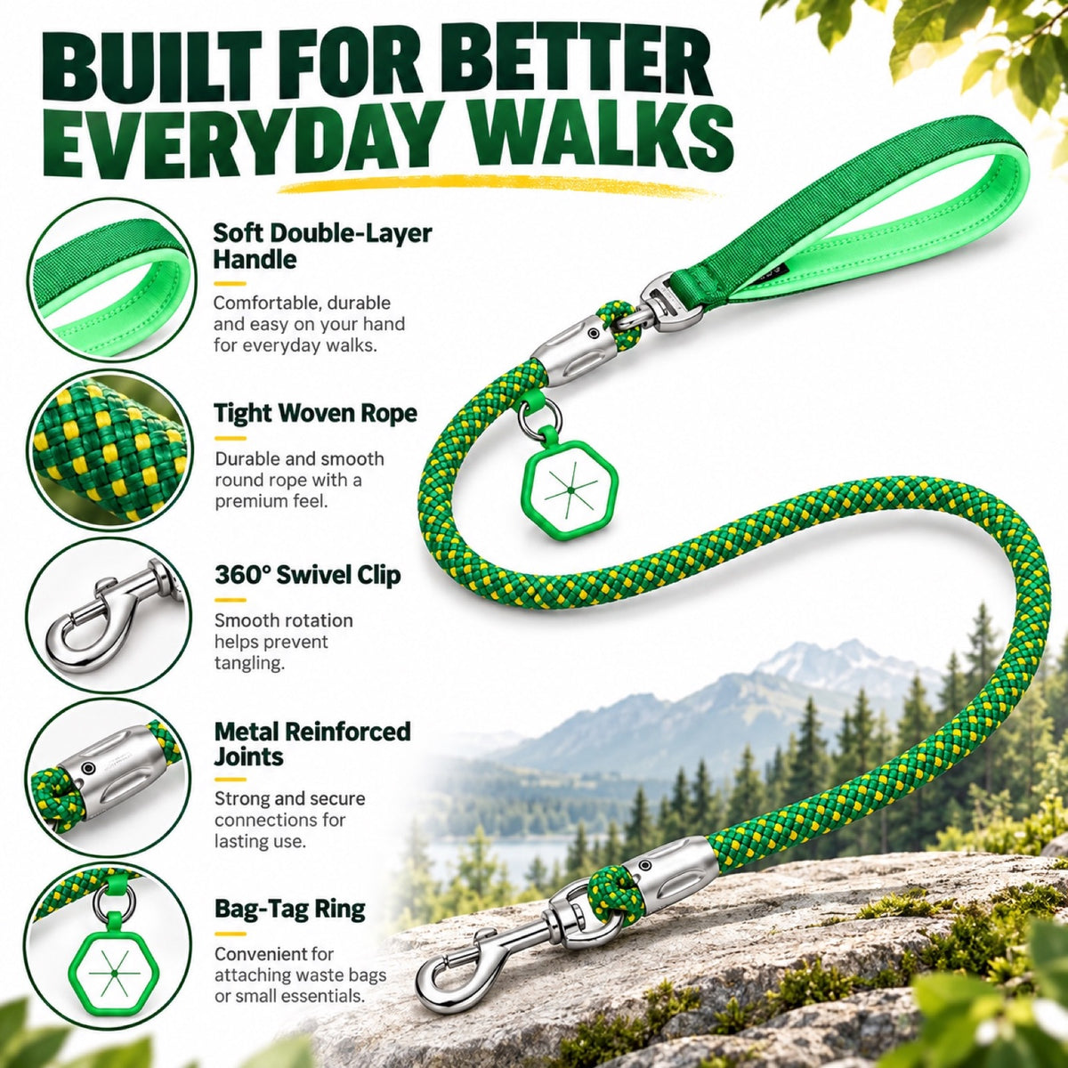 Patterned Rope Dog Leash with ID Tag, 5 Colors and 4 Sizes, By GAVPEPY image 2 - 1.jpg