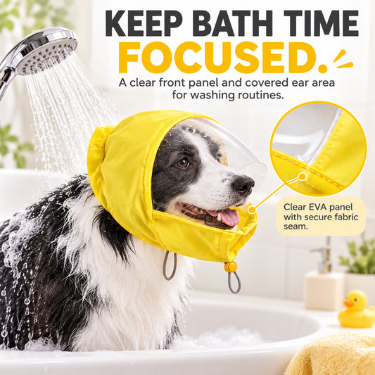 GAVPEPY Polyester and EVA Dog Bath Ear Cover Hood, Yellow in S or L, for covering the ear area during supervised splash-prone baths, home bathing, wash stations and grooming sessions, a bright hood, clear face panel and adjustable lower opening form image 2 - 1.jpg