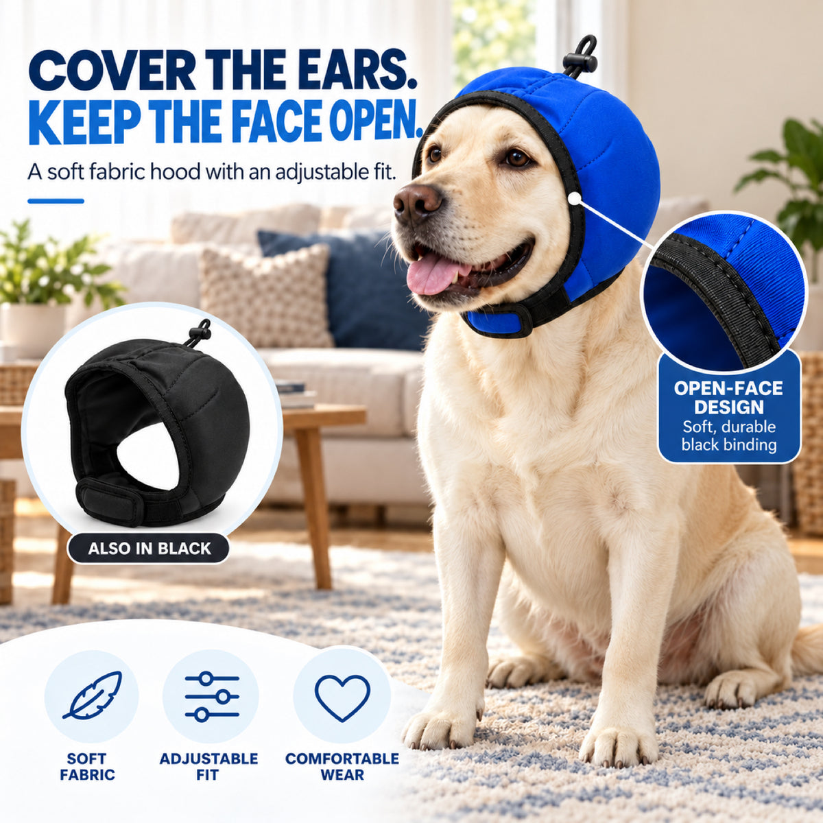 GAVPEPY Polyester Padded Dog Ear Cover Hood, Black or Blue in S, M and L, for covering the ears during supervised noise and grooming routines, home, travel, grooming appointments and outdoor events, a shaped soft hood, dark inner lining and image 2 - 1.jpg