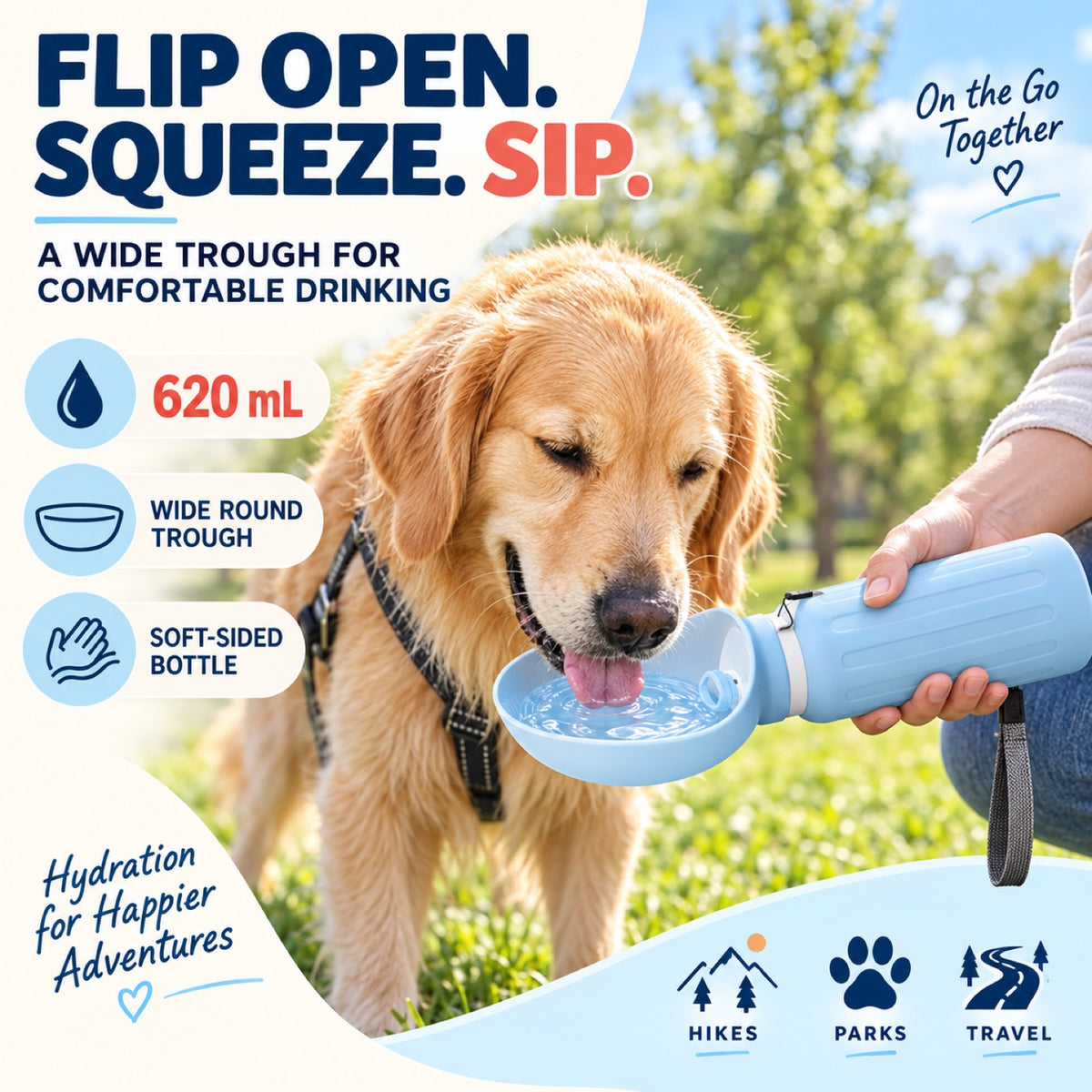 Flip-Trough Silicone Pet Water Bottle, 620 mL, 2 Colors, By GAVPEPY image 2 - 1.jpg