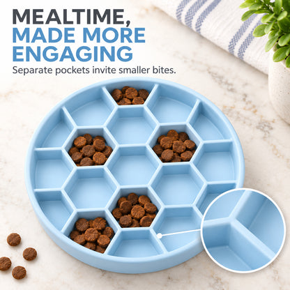 GAVPEPY Silicone Honeycomb Slow Feeder Bowl, 21 cm diameter, Blue, Green or Orange, for Everyday Dog and Cat Meals or Water at Home, raised honeycomb-style channels; a patterned surface separates portions across the bowl image 2 - 1.jpg