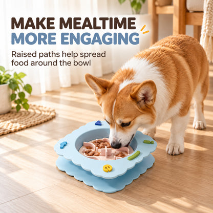 GAVPEPY Silicone Patterned Slow Feeder Bowl, 19.5 x 19.5 x 5.5 cm, Sea Breeze Blue, Sunset Orange or Lemon Yellow, for Everyday Dog and Cat Meals or Water at Home, raised maze-like food channels; a patterned surface separates portions across the bowl image 2 - 1.jpg