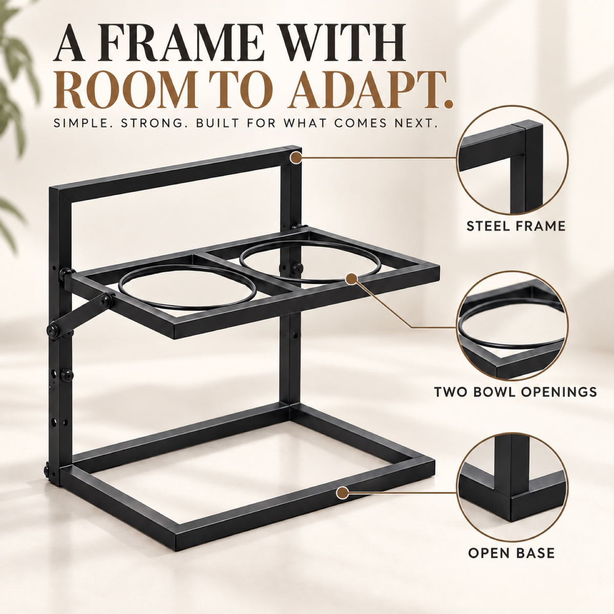 GAVPEPY Metal Raised Double Dog Bowl Stand, 42 x 32 x 25.5 cm, Black frame with two bowls, for Everyday Dog and Cat Meals or Water at Home, metal frame holding two stainless-look bowls; a practical feeding setup for daily pet-care routines image 2 - 1.jpg