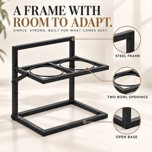 GAVPEPY Metal Raised Double Dog Bowl Stand, 42 x 32 x 25.5 cm, Black frame with two bowls, for Everyday Dog and Cat Meals or Water at Home, metal frame holding two stainless-look bowls; a practical feeding setup for daily pet-care routines image 2 - 1.jpg