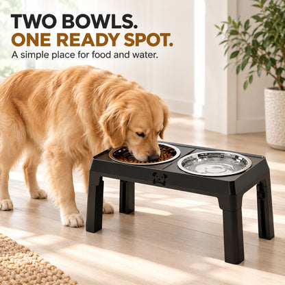 GAVPEPY Adjustable Double Stainless Steel Pet Bowl Stand, 43 x 24 x 8.5 cm, Black or Gray, for Everyday Dog and Cat Meals or Water at Home, two bowls in a foldable raised support; a practical feeding setup for daily pet-care routines image 2 - 1.jpg