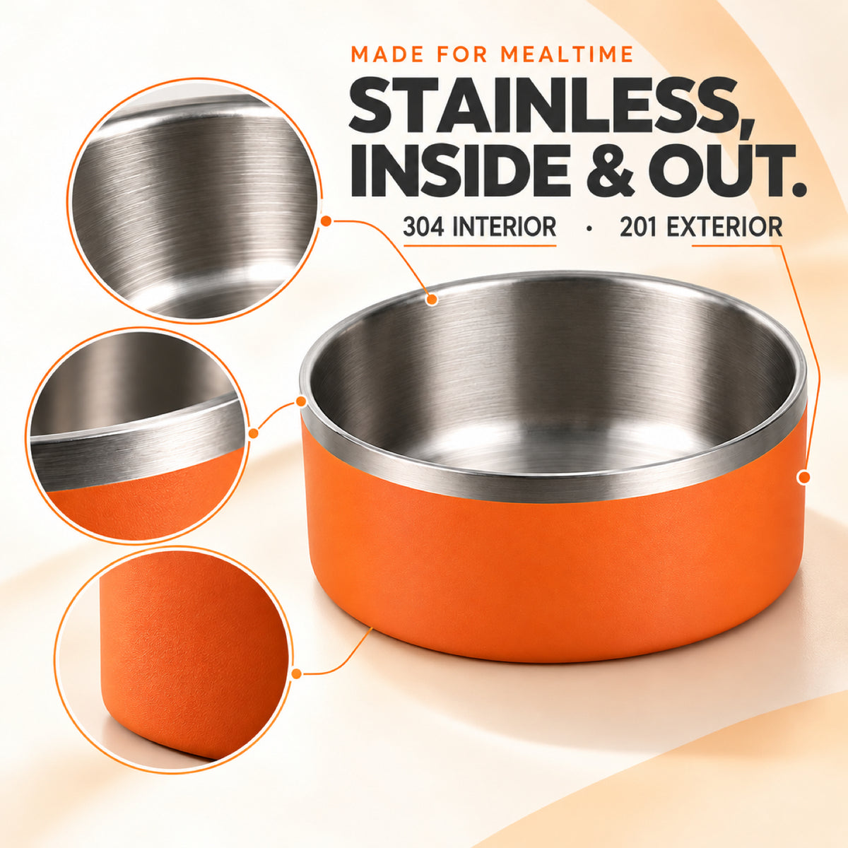 GAVPEPY Stainless Steel Deep Pet Bowl, 18 x 18 x 8 cm or 20 x 20 x 9 cm, orange outer finish, for Everyday Dog and Cat Meals or Water at Home, deep rounded bowl with a stainless interior; a practical feeding setup for daily pet-care routines image 2 - 1.jpg