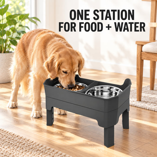 GAVPEPY Raised Double Stainless Steel Pet Bowls, 44 x 26.5 x 16 cm, Black stand, for Everyday Dog and Cat Meals or Water at Home, two bowls with a tall surrounding stand; a practical feeding setup for daily pet-care routines image 2 - 1.jpg