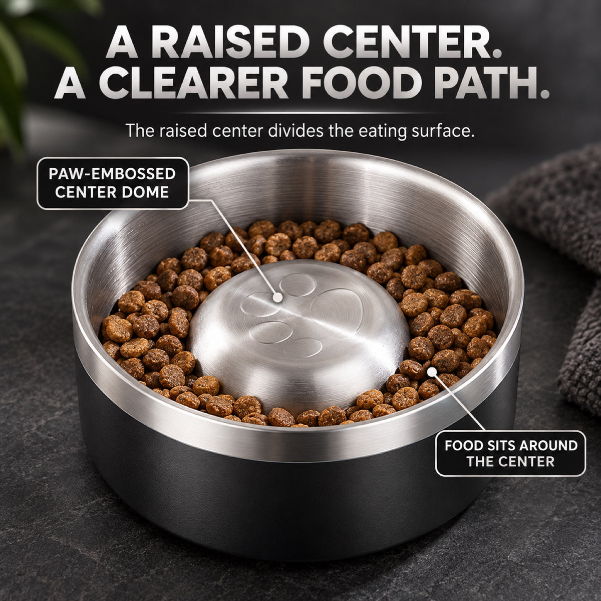GAVPEPY Stainless Steel Slow Feeder Pet Bowl, 17 or 20 cm diameter, Classic Black, Navy Blue, White or Steel, for Everyday Dog and Cat Meals or Water at Home, raised central feeding ridges; a patterned surface separates portions across the bowl image 2 - 1.jpg