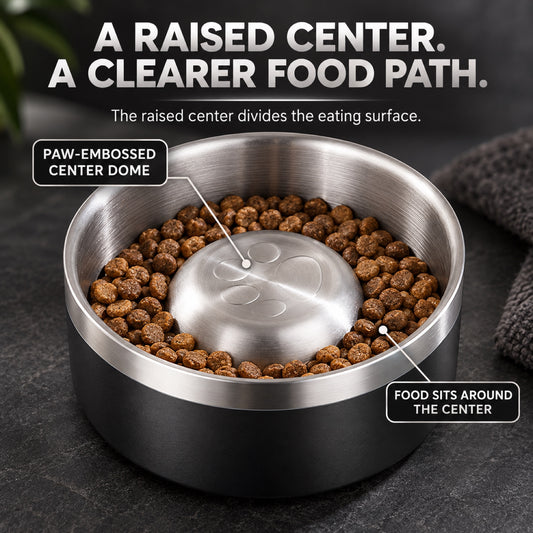 GAVPEPY Stainless Steel Slow Feeder Pet Bowl, 17 or 20 cm diameter, Classic Black, Navy Blue, White or Steel, for Everyday Dog and Cat Meals or Water at Home, raised central feeding ridges; a patterned surface separates portions across the bowl image 2 - 1.jpg