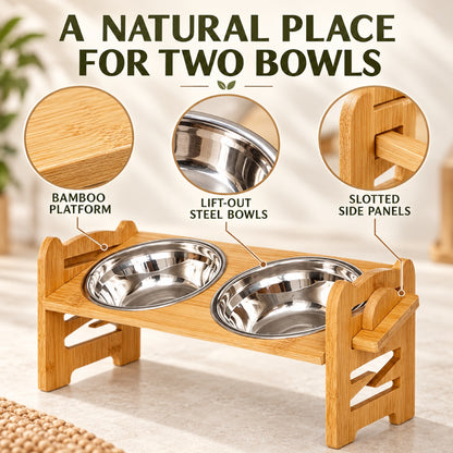 GAVPEPY Bamboo Double Pet Bowl Stand, three frame sizes from 42 to 42.5 cm wide, natural bamboo, for Everyday Dog and Cat Meals or Water at Home, two bowl positions in a raised bamboo frame; a practical feeding setup for daily pet-care routines image 2 - 1.jpg