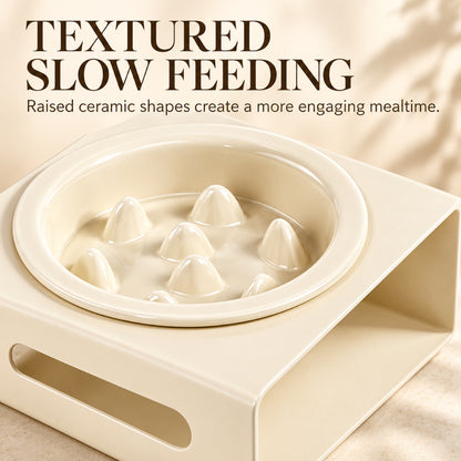 GAVPEPY Ceramic Slow Feeder Bowl and Stand, 13.5 x 13.5 x 3.5 cm bowl, nine bowl-and-stand color combinations, for Everyday Dog and Cat Meals or Water at Home, raised feeding pattern in a small matching stand; a patterned surface separates portions image 2 - 1.jpg