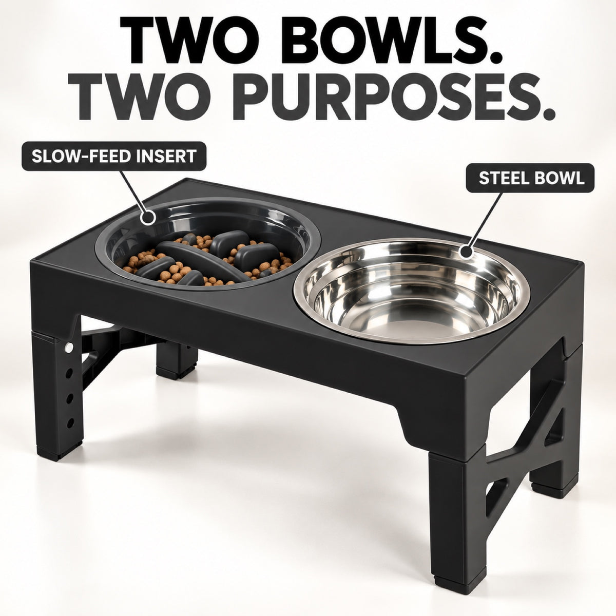 GAVPEPY Adjustable Raised Double Pet Feeder, 44 x 23 x 8 cm, Black, for Everyday Dog and Cat Meals or Water at Home, one textured feeding area and one round metal-look bowl; a practical feeding setup for daily pet-care routines image 2 - 1.jpg