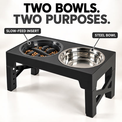 GAVPEPY Adjustable Raised Double Pet Feeder, 44 x 23 x 8 cm, Black, for Everyday Dog and Cat Meals or Water at Home, one textured feeding area and one round metal-look bowl; a practical feeding setup for daily pet-care routines image 2 - 1.jpg