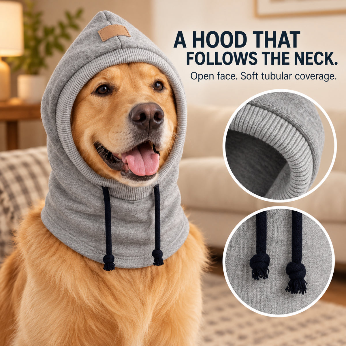 GAVPEPY Polyester Hooded Dog Ear and Neck Wrap, Black, Gray or Green in S, M and L, for covering ears and neck during supervised daily outings, cool-weather walks, travel and home routines, a long neck panel, open face and visible drawcords create image 2 - 1.jpg