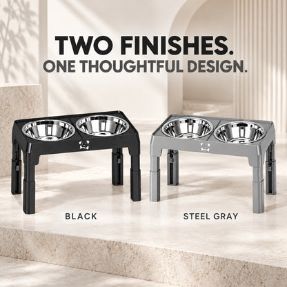 GAVPEPY Adjustable Raised Double Pet Feeder, 43 x 24 x 8.5 cm, Black or Steel Gray, for Everyday Dog and Cat Meals or Water at Home, two bowl positions in a plastic support; a practical feeding setup for daily pet-care routines image 2 - 1.jpg