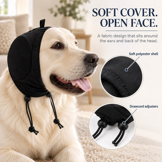 GAVPEPY Polyester Soft Dog Ear Cover Hood, Black or Blue in S, M, L and XL, for covering the ears during supervised noisy or breezy routines, home, grooming visits, travel and outdoor walks, a wraparound hood shape and top adjustment loop keep the image 2 - 1.jpg