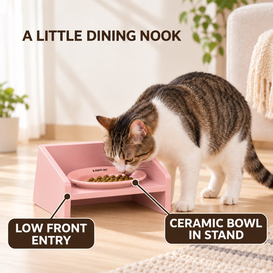 GAVPEPY Raised Ceramic Pet Bowl with Wood Stand, 14.7 cm bowl; 4.2 cm listed height, Pink, Yellow or Blue, for Everyday Dog and Cat Meals or Water at Home, angled bowl held in a low stand; a practical feeding setup for daily pet-care routines image 2 - 1.jpg