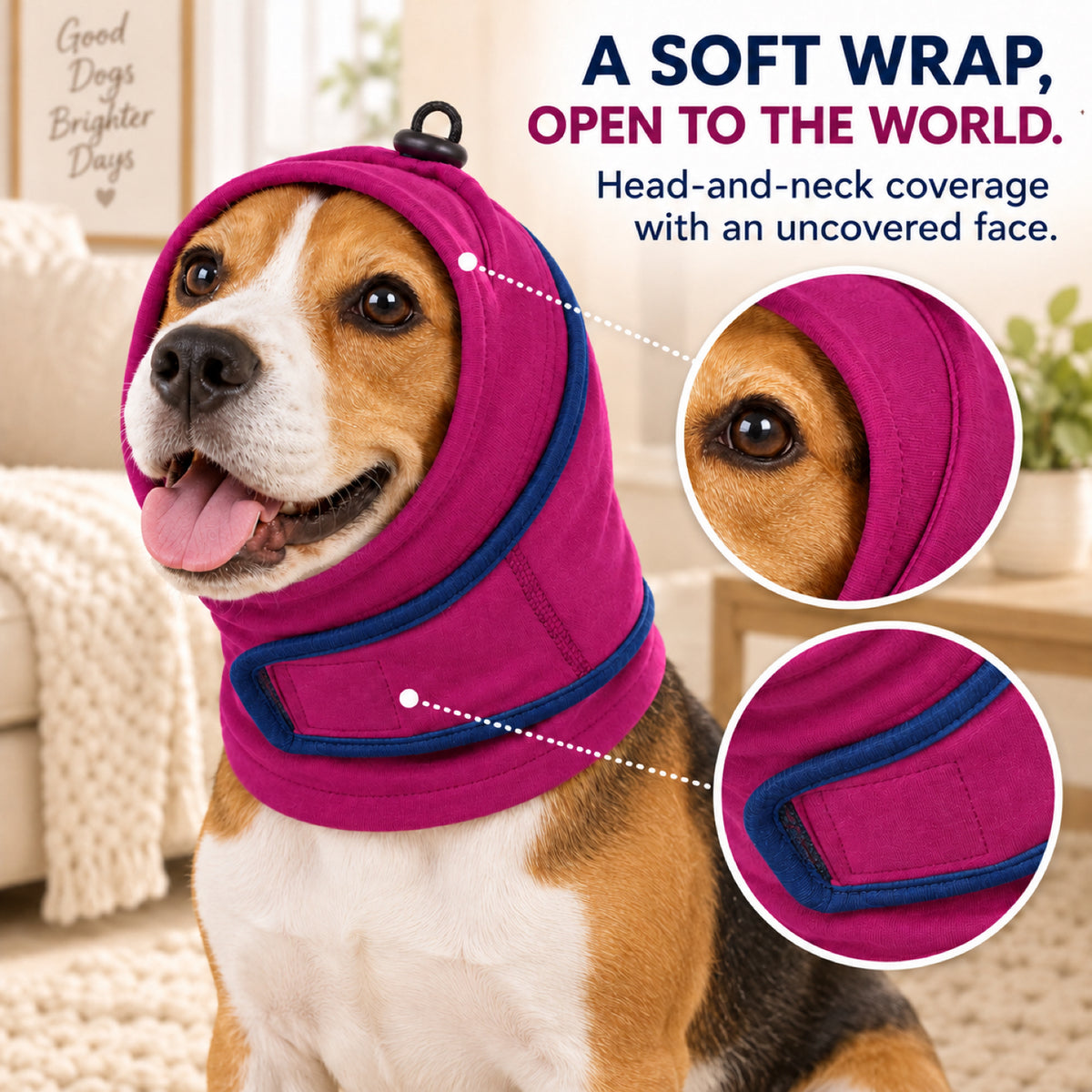 GAVPEPY Fleece-Style B-Shape Dog Head and Neck Wrap, Navy Blue or Purple in S, M, L and XL, for covering ears and neck during supervised cool-weather or noisy routines, walks, home, grooming and travel image 2 - 1.jpg