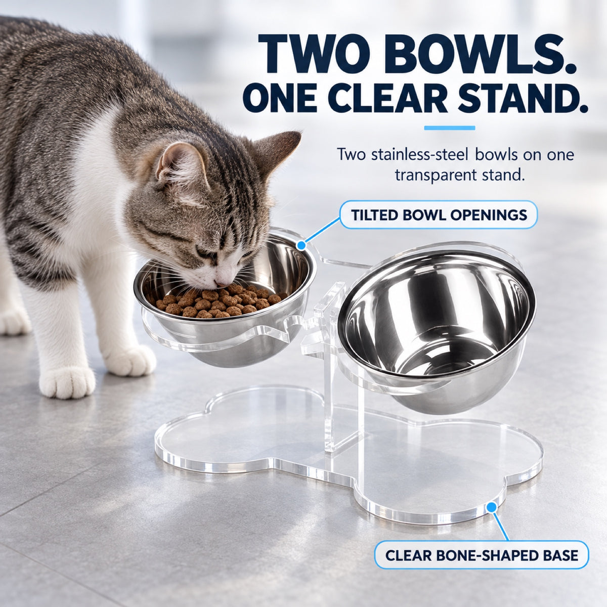 GAVPEPY Clear Acrylic Raised Double Pet Feeder, 32 x 22 x 16 cm; 5 mm panel listed, Clear, for Everyday Dog and Cat Meals or Water at Home, transparent raised panel with two bowl positions; a practical feeding setup for daily pet-care routines image 2 - 1.jpg