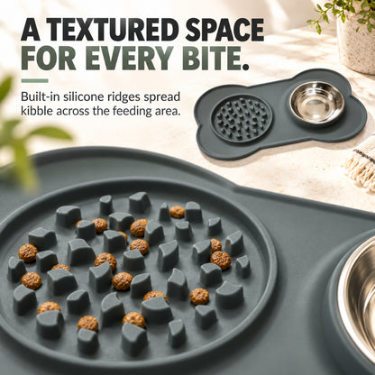GAVPEPY Silicone Feeding Mat and Bowl Set, 58 x 33 cm, one pictured colorway, for Everyday Dog and Cat Meals or Water at Home, textured feeding area beside a round bowl; a patterned surface separates portions across the bowl image 3 - 2.jpg