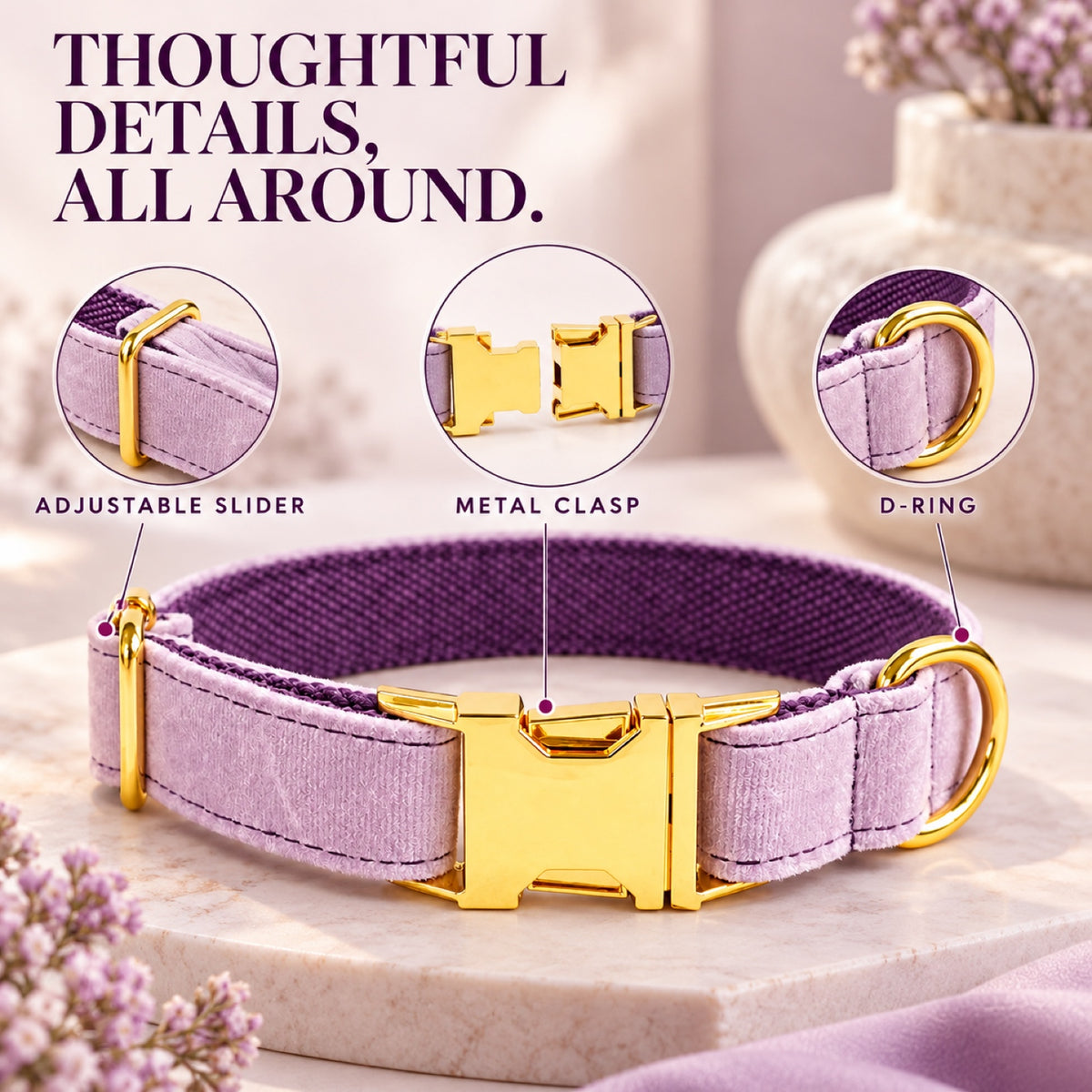 GAVPEPY Polyester Velvet-Look Dog Collar, Sizes XS, S, M, L, XL, Light Purple, for neighborhood walks, park visits and daily dog wear; an adjustable neckwear option for supervised walks and everyday outings image 3 - 2.jpg