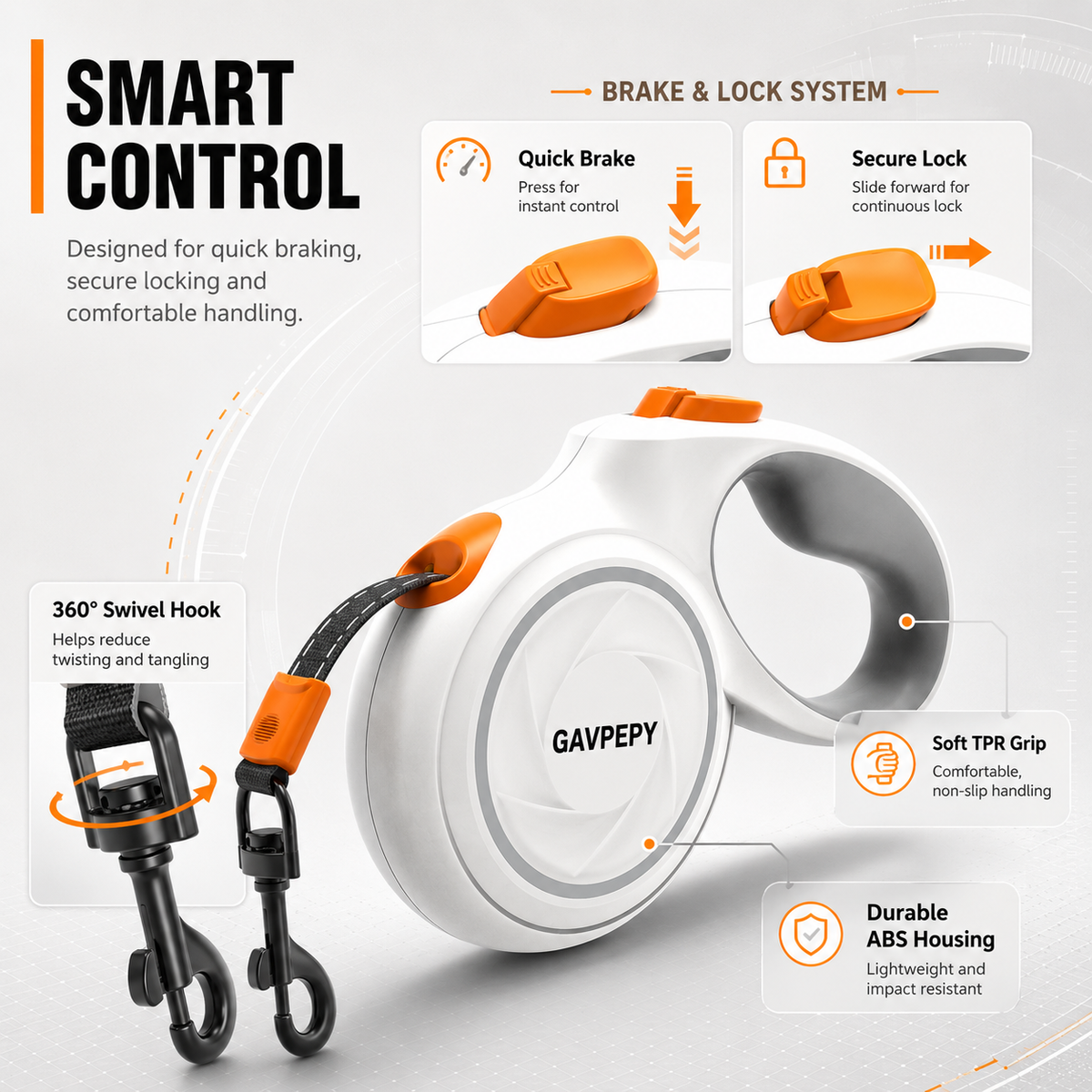 GAVPEPY Retractable Dog Leash, 5 M / 16 Ft Dog Walking Leash, One Hand Brake And Lock, 360 Degree Swivel Hook, For Dogs 10 To 110 Lb, By GAVPEPY image 2 - 2.png