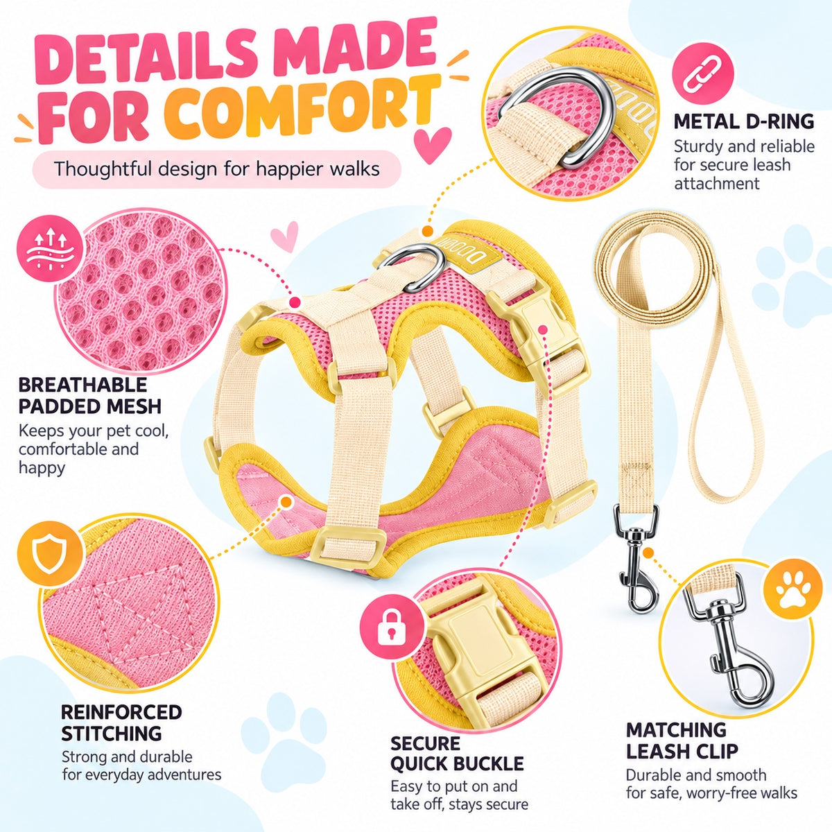 Padded Small Dog Harness and Leash Set, 6 Colors and 4 Sizes, By GAVPEPY image 3 - 2.jpg
