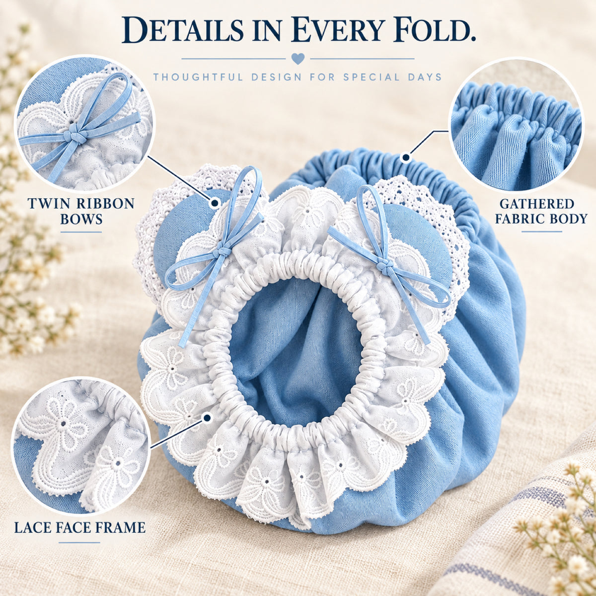 GAVPEPY Cotton Denim Long-Ear Dog Snood with Lace Trim, Light Blue or Medium Blue in S, M and L, for holding long ears and hair back during supervised meals and grooming, feeding time, home grooming and short walks image 3 - 2.jpg