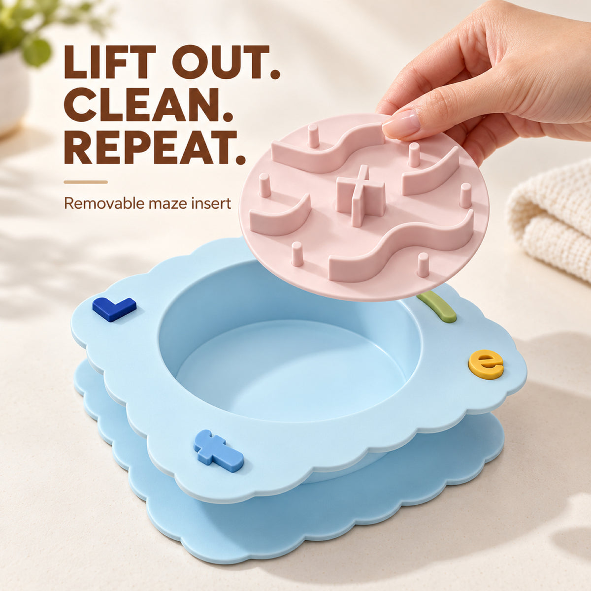 GAVPEPY Silicone Patterned Slow Feeder Bowl, 19.5 x 19.5 x 5.5 cm, Sea Breeze Blue, Sunset Orange or Lemon Yellow, for Everyday Dog and Cat Meals or Water at Home, raised maze-like food channels; a patterned surface separates portions across the bowl image 3 - 2.jpg