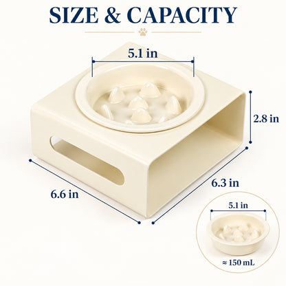 GAVPEPY Ceramic Slow Feeder Bowl and Stand, 13.5 x 13.5 x 3.5 cm bowl, nine bowl-and-stand color combinations, for Everyday Dog and Cat Meals or Water at Home, raised feeding pattern in a small matching stand; a patterned surface separates portions image 3 - 2.jpg