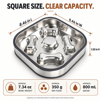 Square Bone-Print Stainless Steel Slow Feeder Bowl, 2 Base Options, By GAVPEPY image 3 - 2.jpg