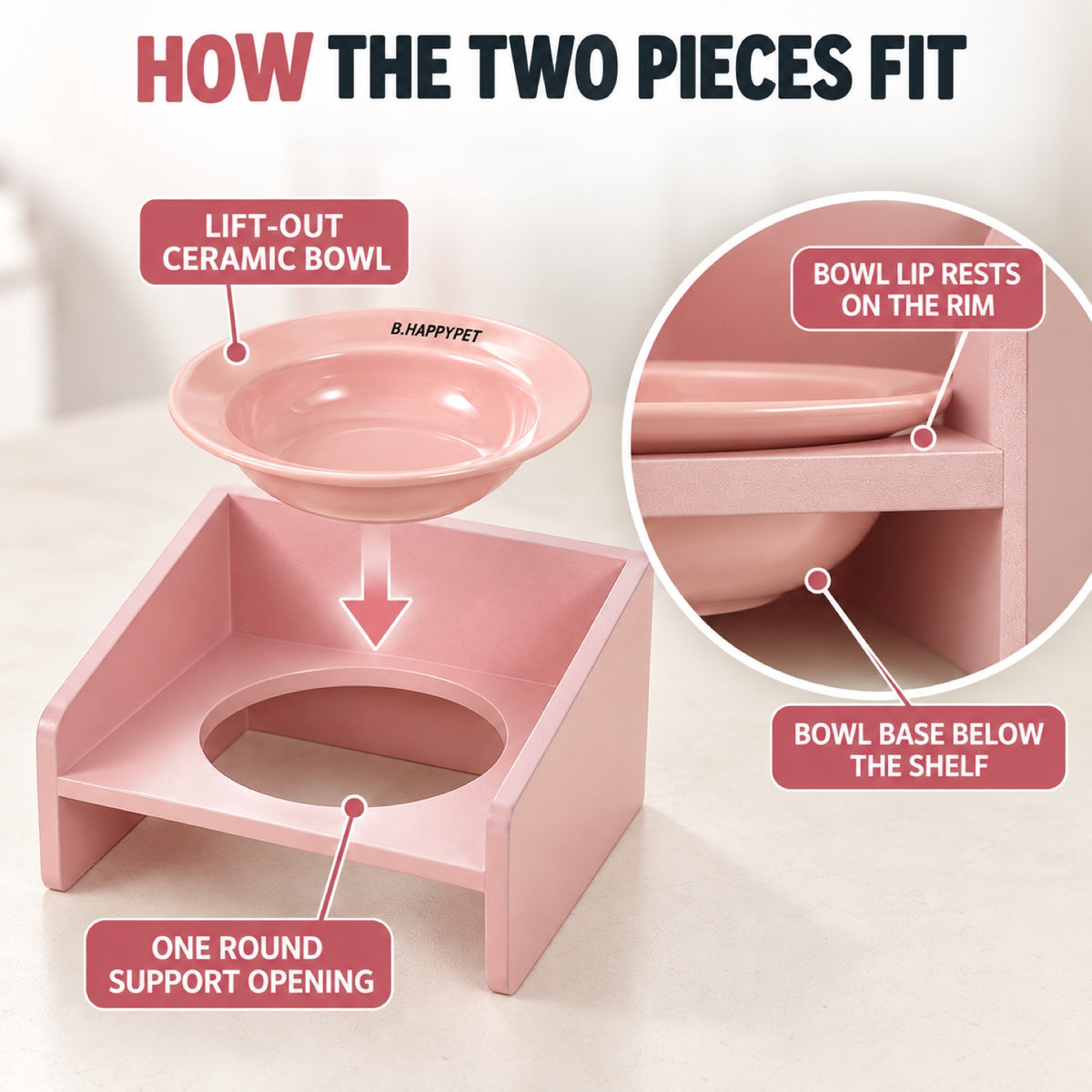 GAVPEPY Raised Ceramic Pet Bowl with Wood Stand, 14.7 cm bowl; 4.2 cm listed height, Pink, Yellow or Blue, for Everyday Dog and Cat Meals or Water at Home, angled bowl held in a low stand; a practical feeding setup for daily pet-care routines image 3 - 2.jpg