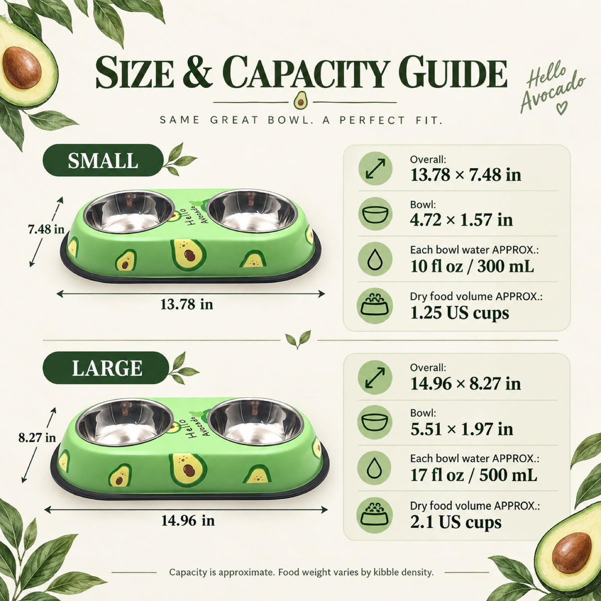 Avocado-Print Double Pet Bowl, 2 Sizes, By GAVPEPY image 3 - 2.jpg