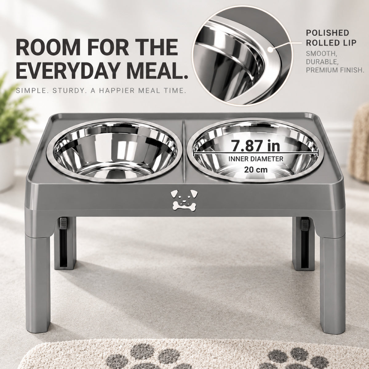 GAVPEPY Adjustable Raised Double Pet Feeder, 43 x 24 x 8.5 cm, Black or Steel Gray, for Everyday Dog and Cat Meals or Water at Home, two bowl positions in a plastic support; a practical feeding setup for daily pet-care routines image 3 - 2.jpg