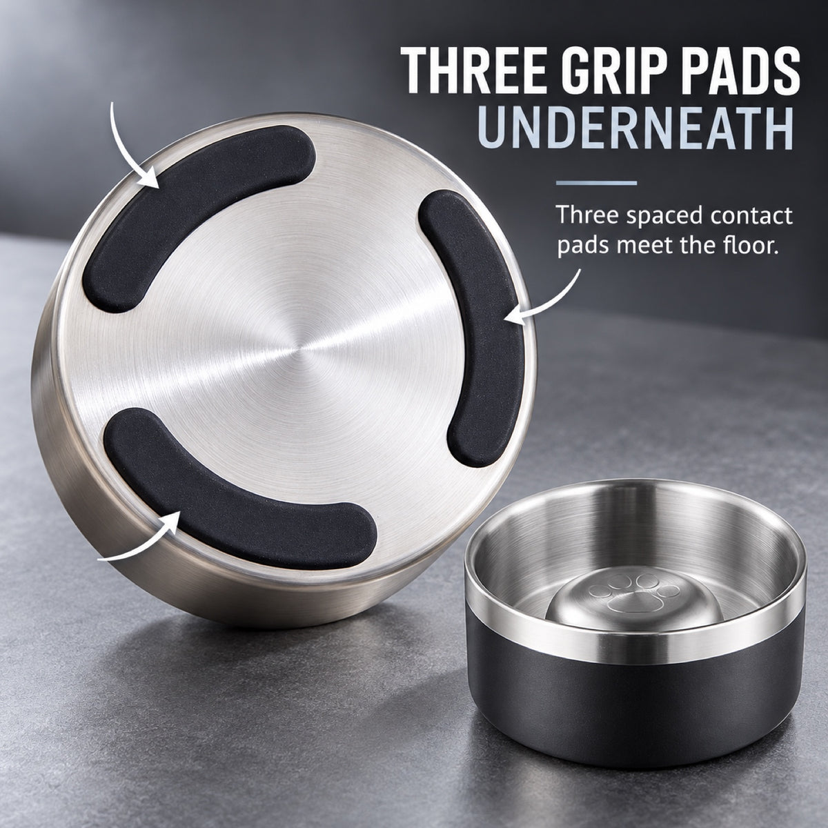 GAVPEPY Stainless Steel Slow Feeder Pet Bowl, 17 or 20 cm diameter, Classic Black, Navy Blue, White or Steel, for Everyday Dog and Cat Meals or Water at Home, raised central feeding ridges; a patterned surface separates portions across the bowl image 3 - 2.jpg
