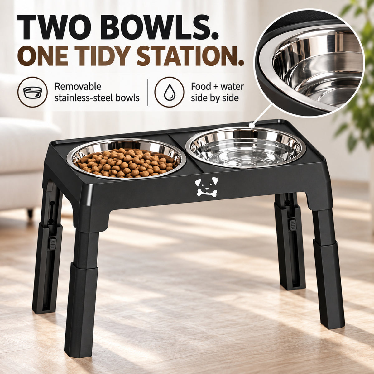 GAVPEPY Adjustable Raised Double Dog Bowl Stand, 44 x 23 x 31 cm, Black only, for Everyday Dog and Cat Meals or Water at Home, two stainless steel bowls in a height-adjustable frame; a practical feeding setup for daily pet-care routines image 3 - 2.jpg