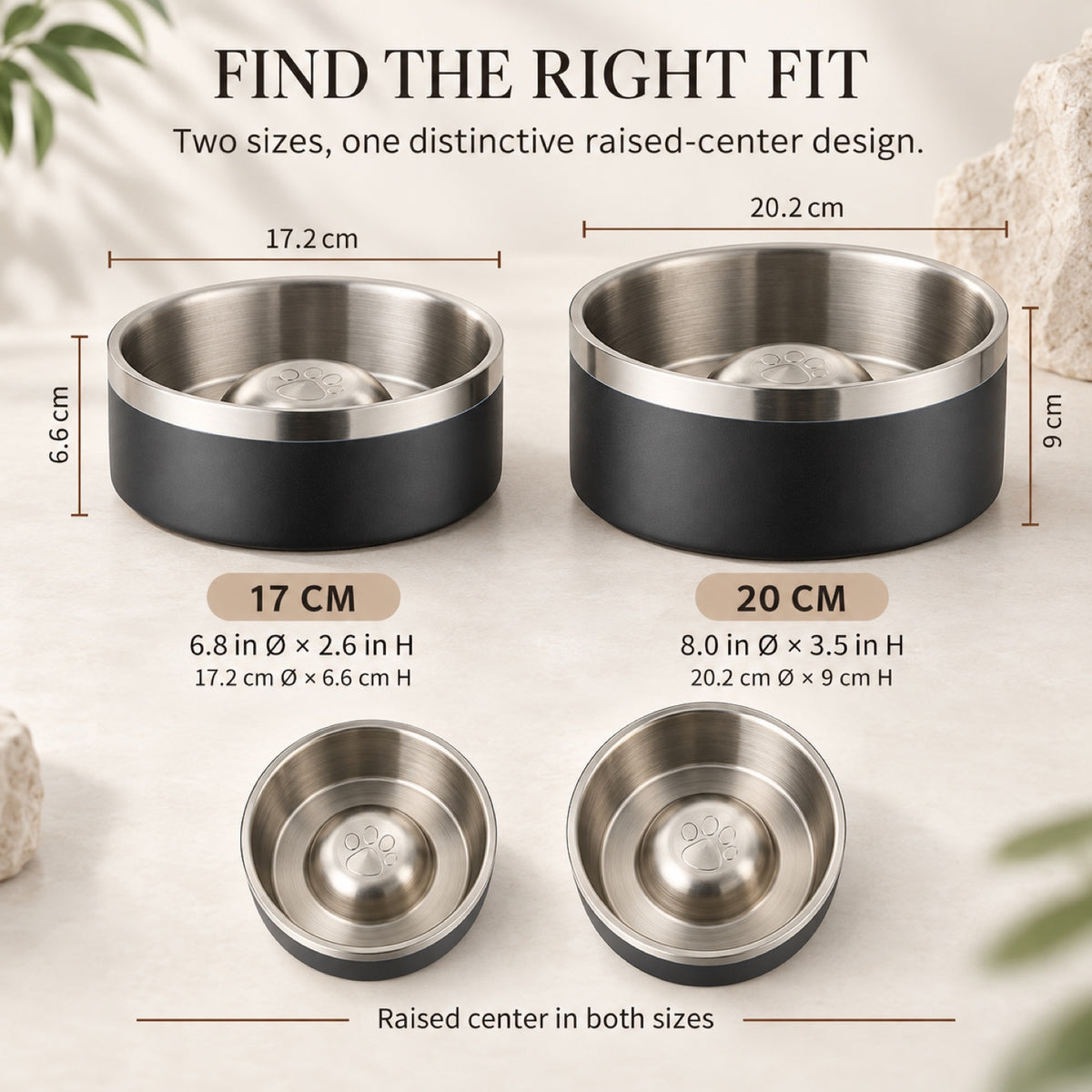 GAVPEPY Stainless Steel Paw-Pattern Slow Feeder Bowl, 17 or 20 cm diameter, 11 finishes including Black, Pink, Green, Navy Blue, White, Orange, Red, Blue, Mint Green, Gray and Steel, for Everyday Dog and Cat Meals or Water at Home, raised paw-shaped image 3 - 2.jpg