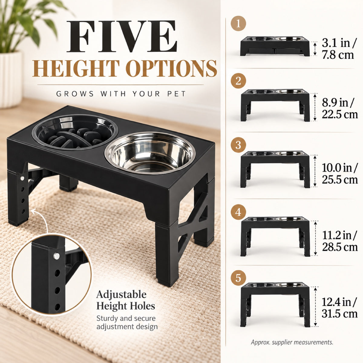 GAVPEPY Adjustable Raised Double Pet Feeder, 44 x 23 x 8 cm, Black, for Everyday Dog and Cat Meals or Water at Home, one textured feeding area and one round metal-look bowl; a practical feeding setup for daily pet-care routines image 3 - 2.jpg