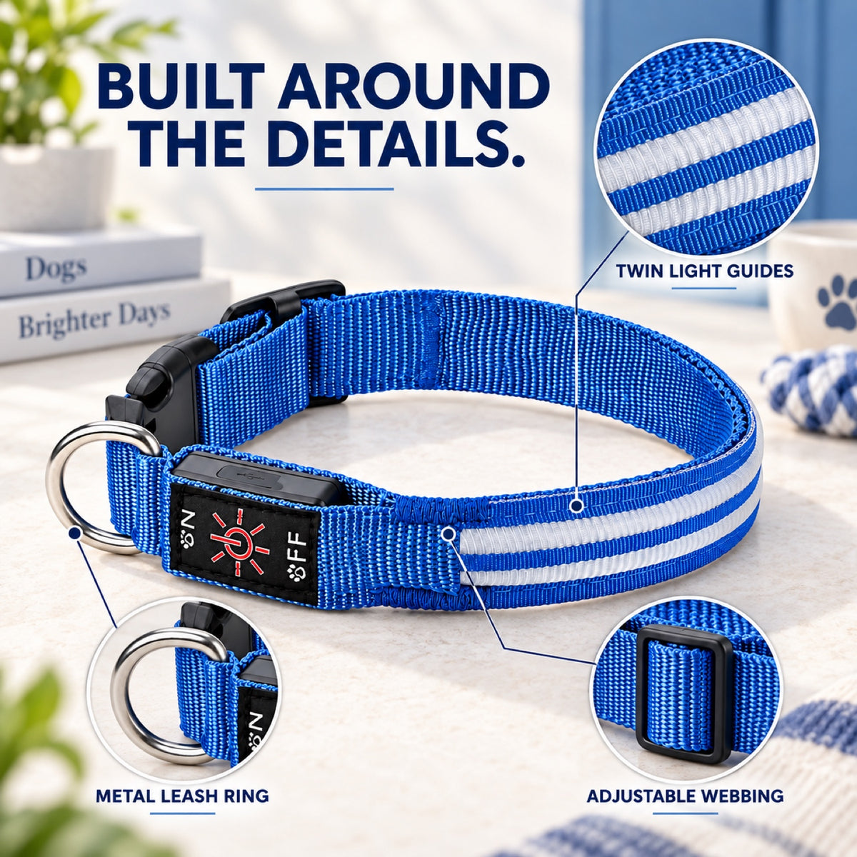 GAVPEPY Woven webbing LED Light-Up Dog Collar, Sizes S, M, L, Red, Green, Blue, Pink, for neighborhood walks, park visits and daily dog wear; an adjustable neckwear option for supervised walks and everyday outings image 3 - 2.jpg